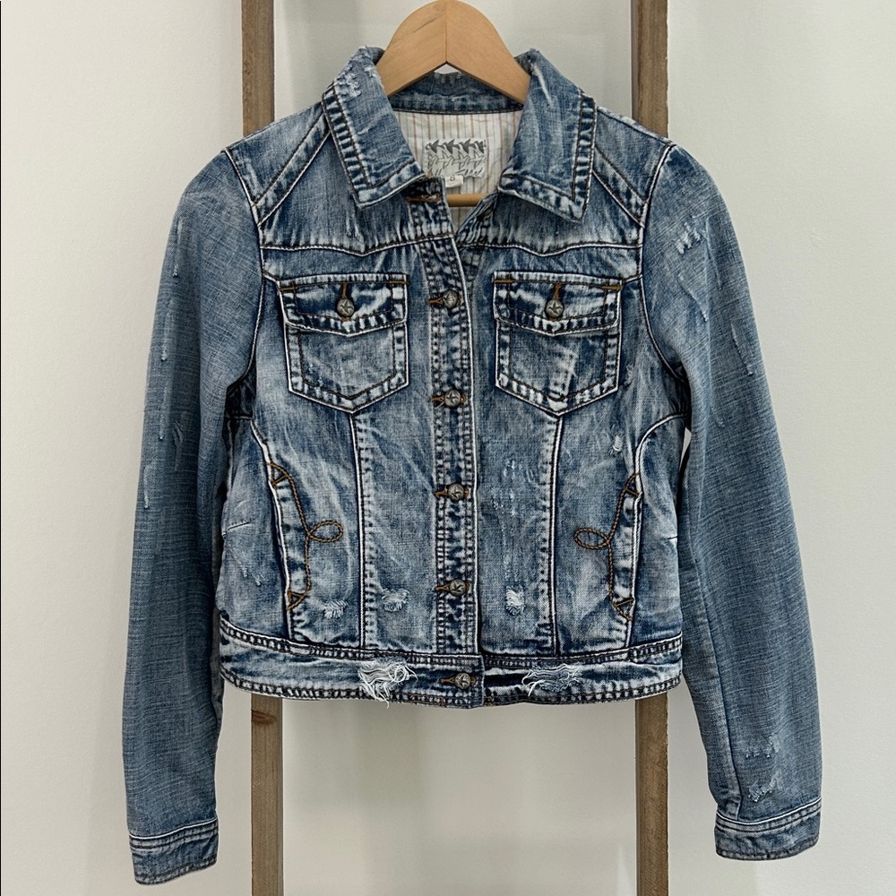 Others Follow Distressed Denim Jean Jacket Custom Buttons Side Pockets Small